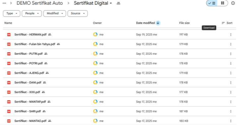 Screenshot folder berisi puluhan file PDF sertifikat yang siap dikirim